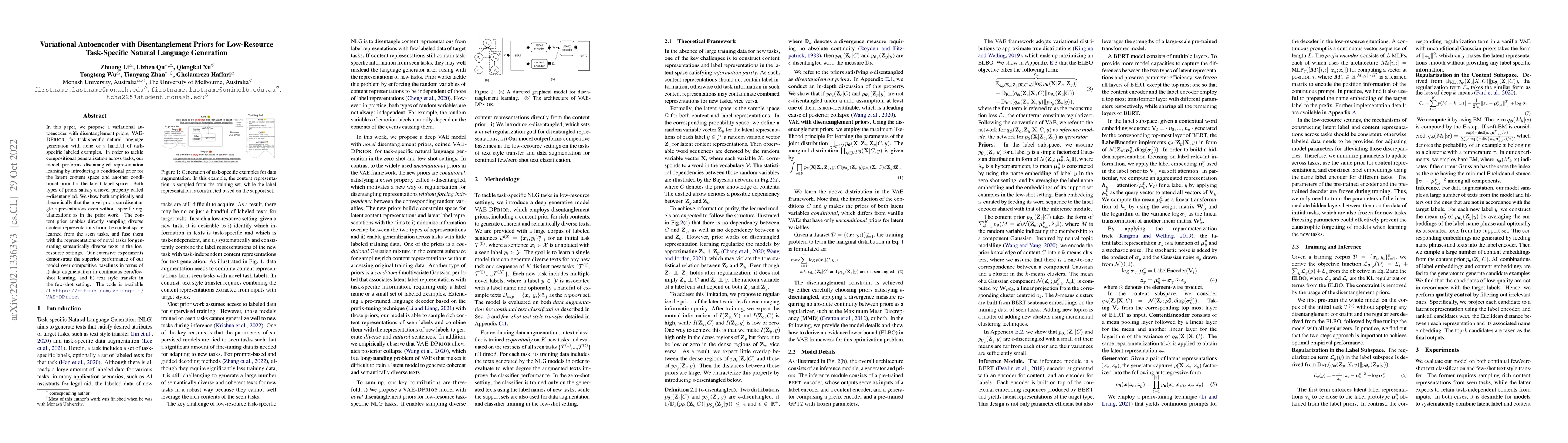 Thumbnail for Variational Autoencoder with Disentanglement Priors for Low-Resource
  Task-Specific Natural Language Generation