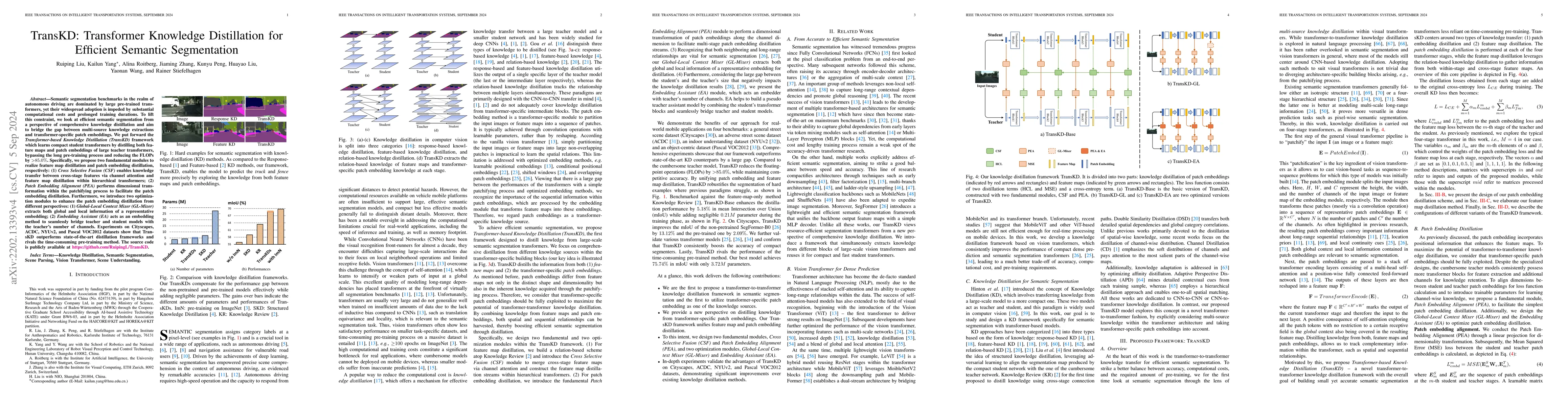 Thumbnail for TransKD: Transformer Knowledge Distillation for Efficient Semantic
  Segmentation