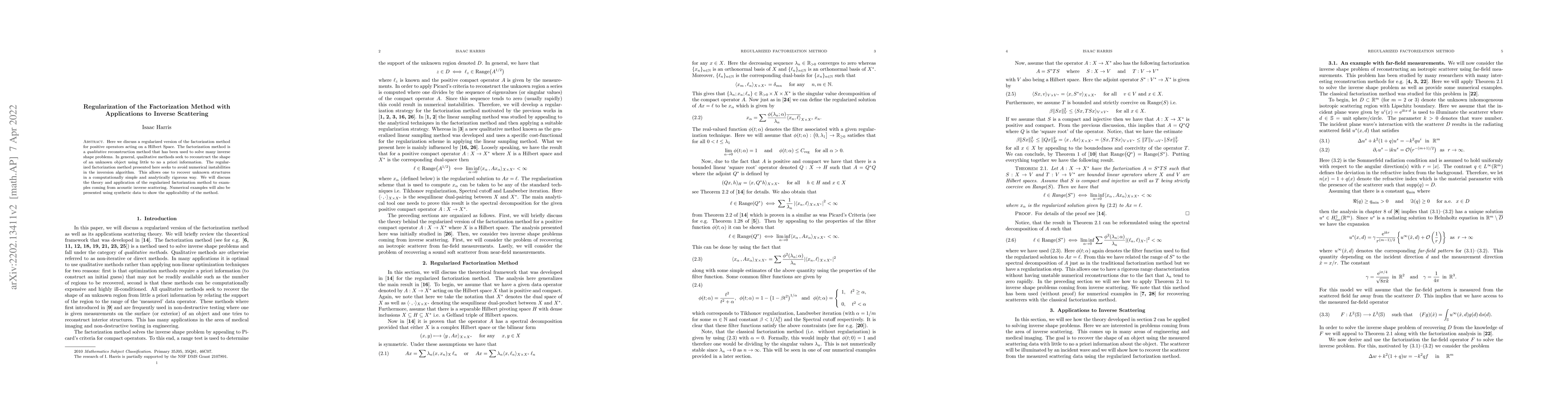 Thumbnail for Regularization of the Factorization Method with Applications to Inverse
  Scattering