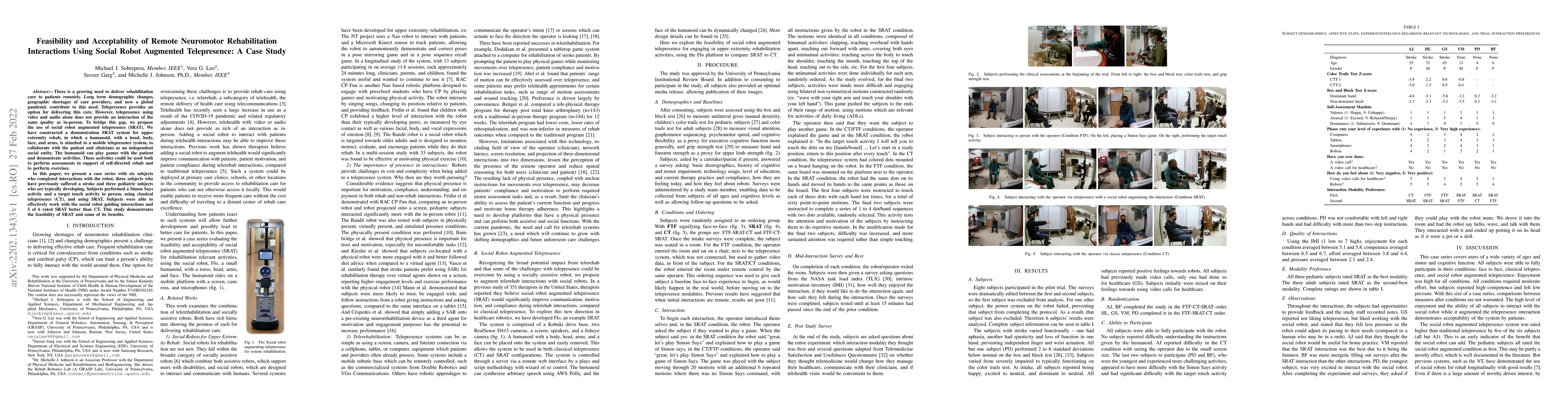 Thumbnail for Feasibility and Acceptability of Remote Neuromotor Rehabilitation
  Interactions Using Social Robot Augmented Telepresence: A Case Study
