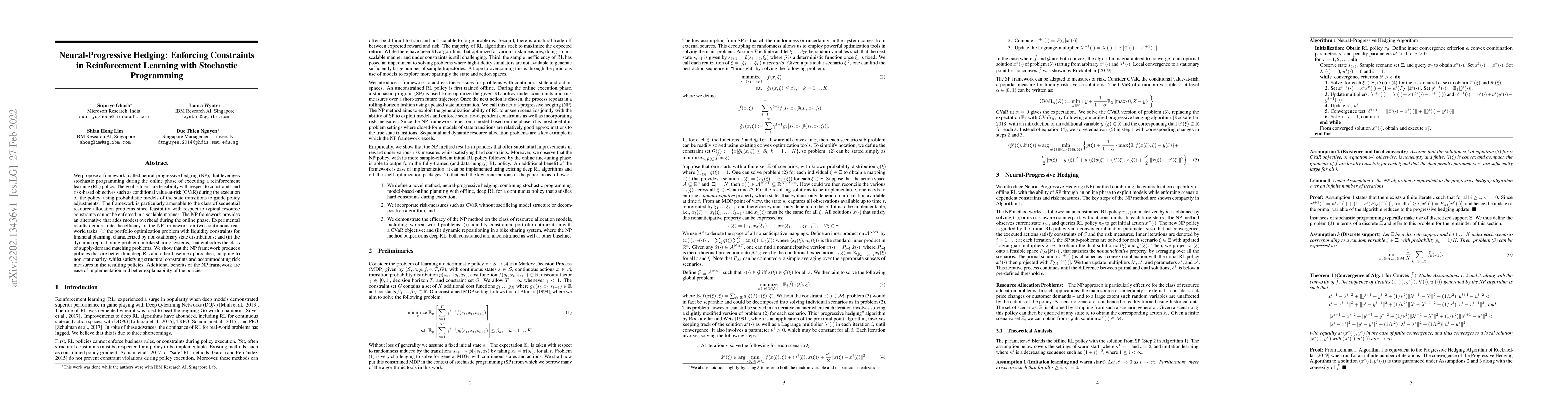 Thumbnail for Neural-Progressive Hedging: Enforcing Constraints in Reinforcement
  Learning with Stochastic Programming