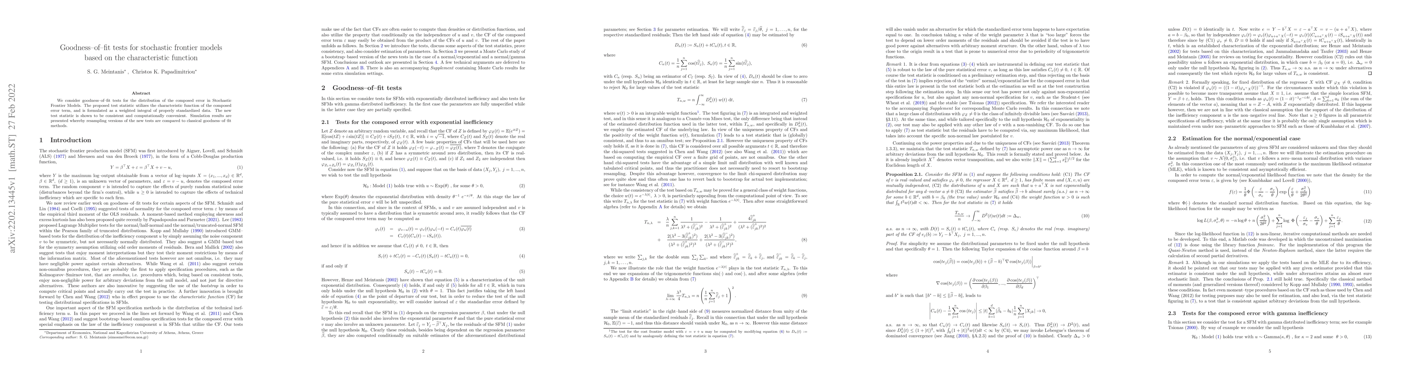 Thumbnail for Goodness-of-fit tests for stochastic frontier models based on the
  characteristic function