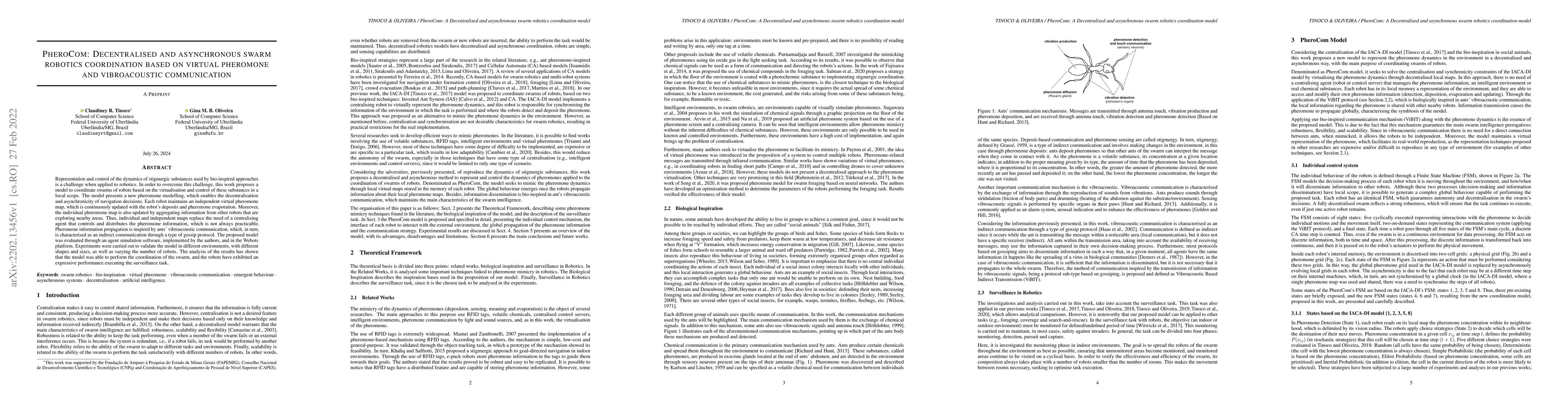 Thumbnail for PheroCom: Decentralised and asynchronous swarm robotics coordination
  based on virtual pheromone and vibroacoustic communication