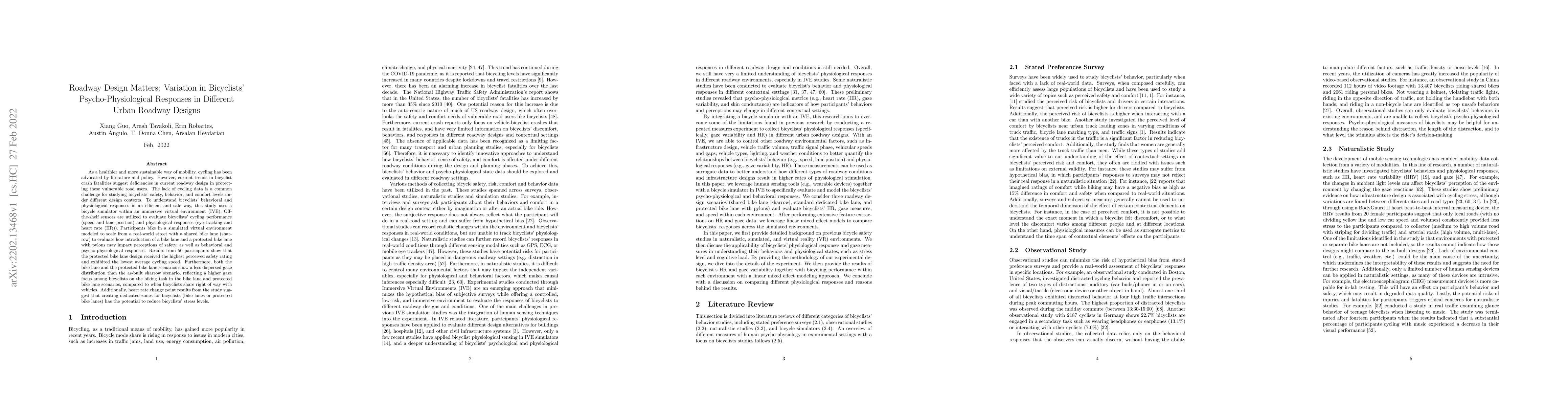 Thumbnail for Roadway Design Matters: Variation in Bicyclists' Psycho-Physiological
  Responses in Different Urban Roadway Designs