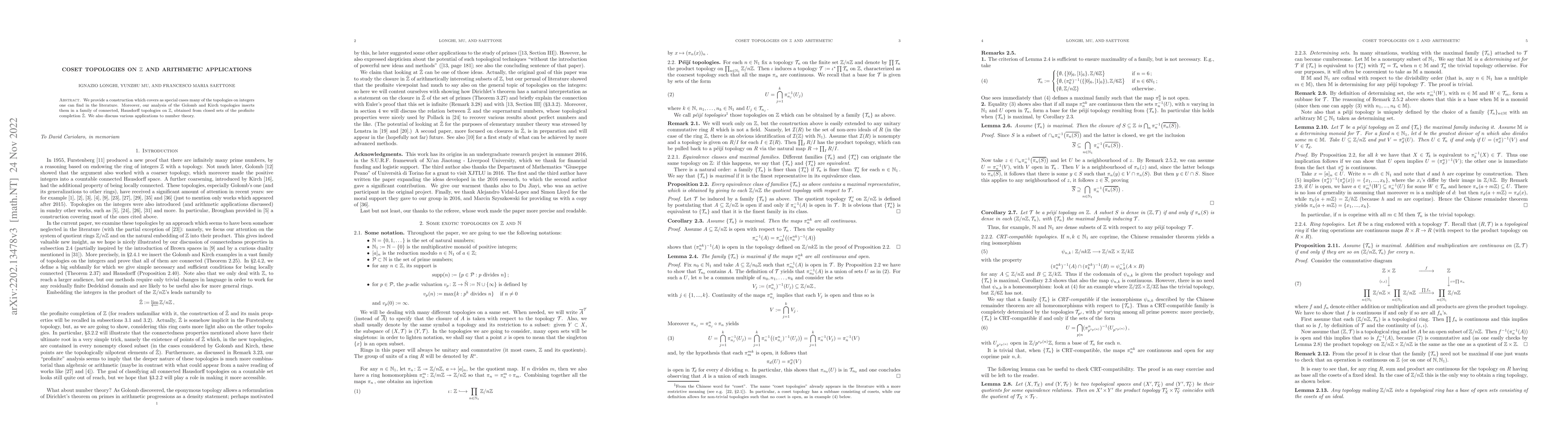 Thumbnail for Coset topologies on $\mathbb{Z}$ and arithmetic applications