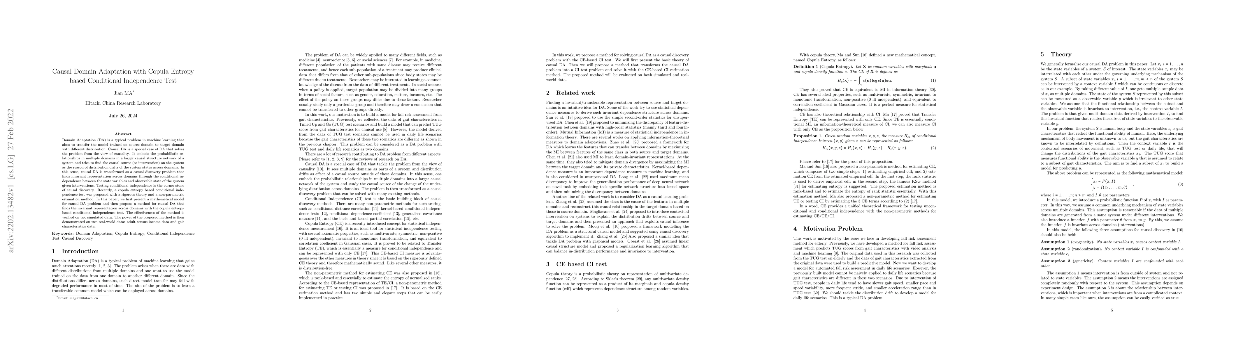 Thumbnail for Causal Domain Adaptation with Copula Entropy based Conditional
  Independence Test