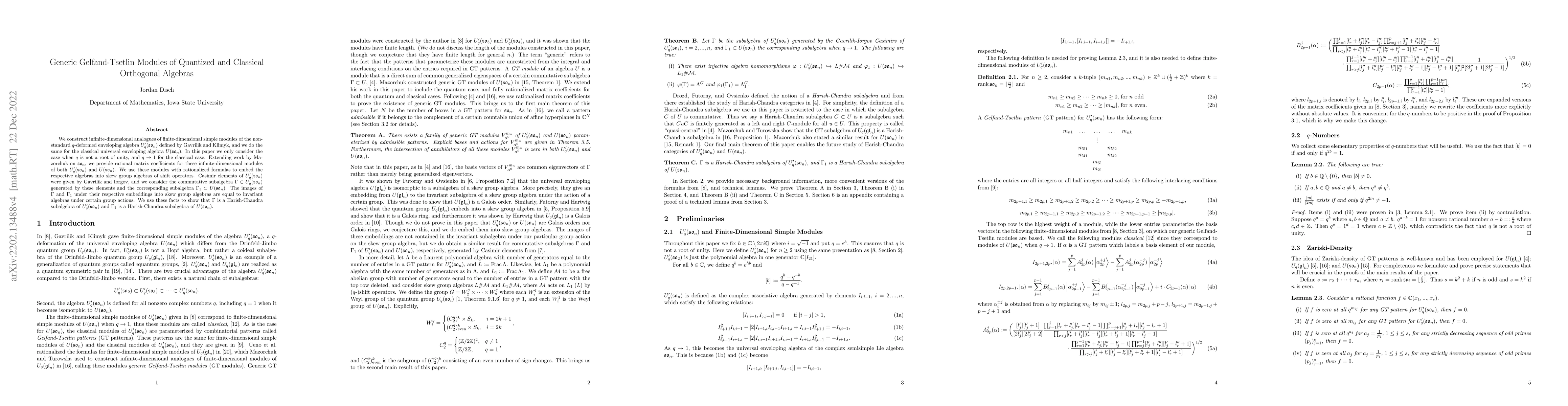Thumbnail for Generic Gelfand-Tsetlin Modules of Quantized and Classical Orthogonal
  Algebras