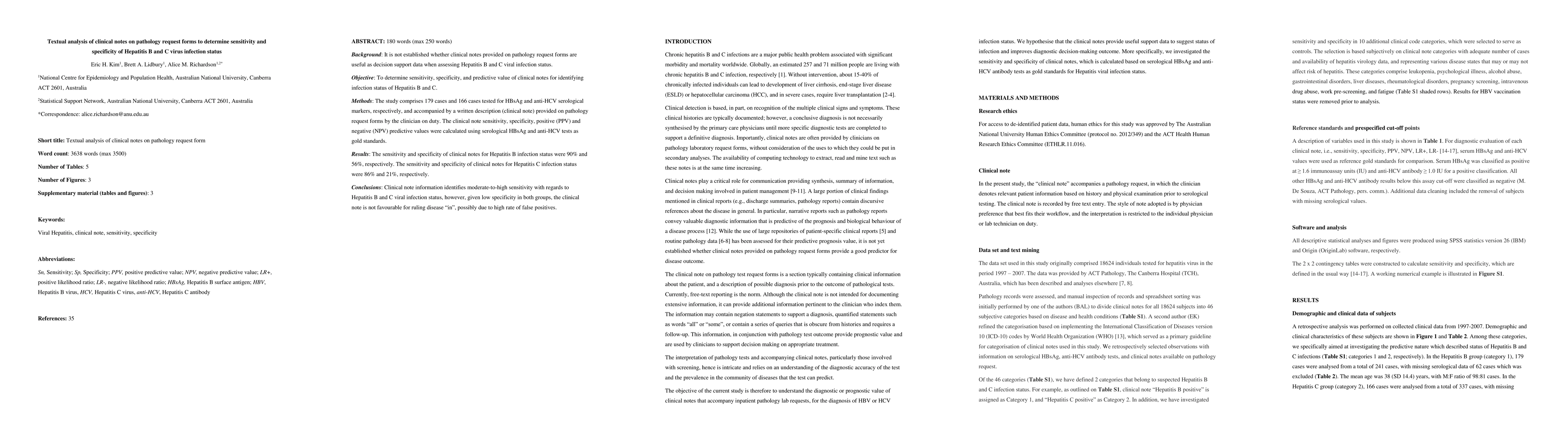 Thumbnail for Textual analysis of clinical notes on pathology request forms to
  determine sensitivity and specificity of Hepatitis B and C virus infection
  status