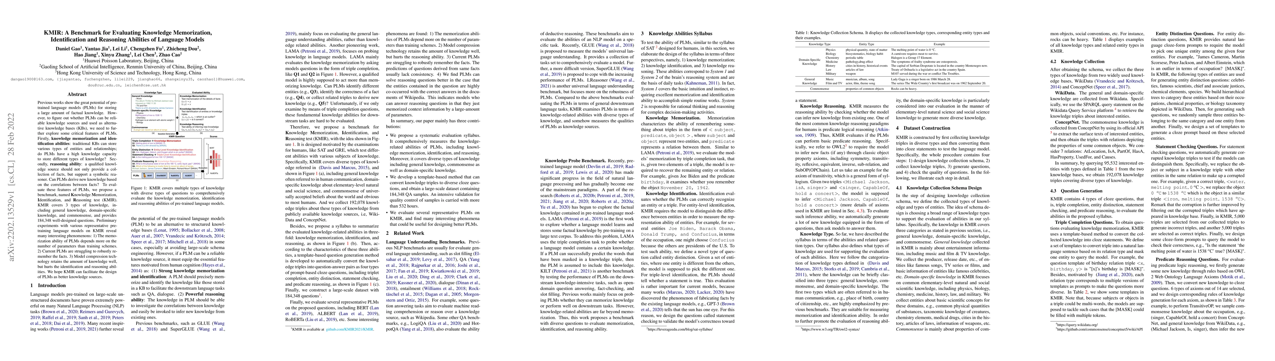 Thumbnail for KMIR: A Benchmark for Evaluating Knowledge Memorization, Identification
  and Reasoning Abilities of Language Models