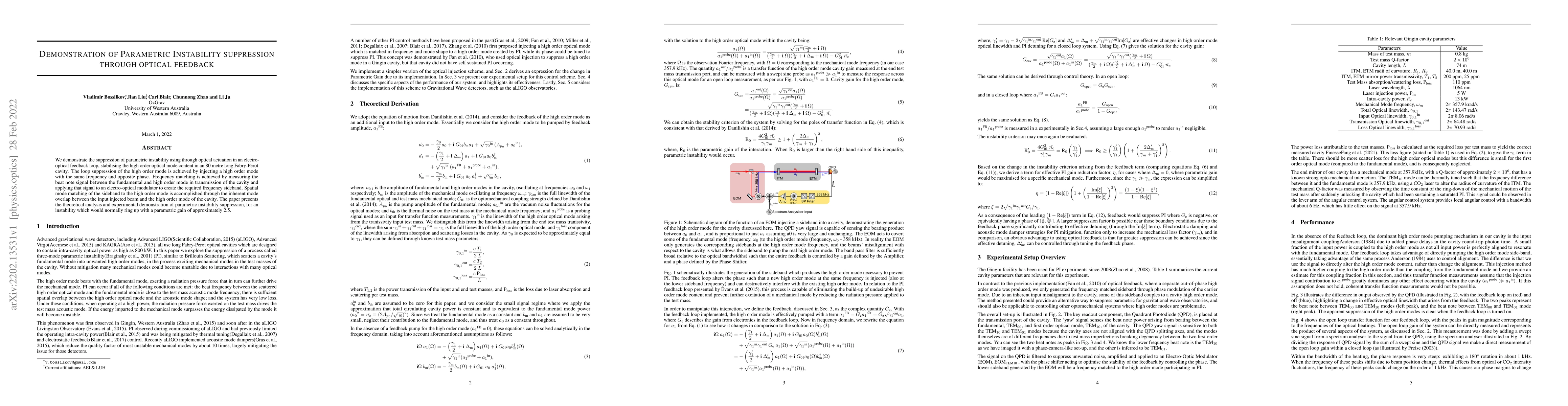 Thumbnail for Demonstration of Parametric Instability suppression through optical
  feedback