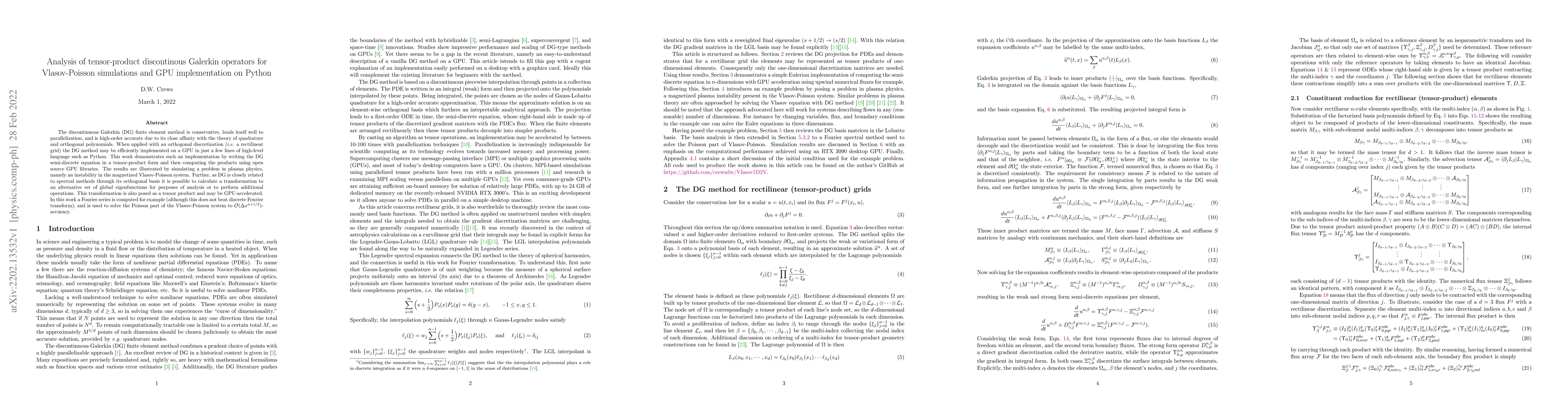 Thumbnail for Analysis of tensor-product discontinous Galerkin operators for
  Vlasov-Poisson simulations and GPU implementation on Python