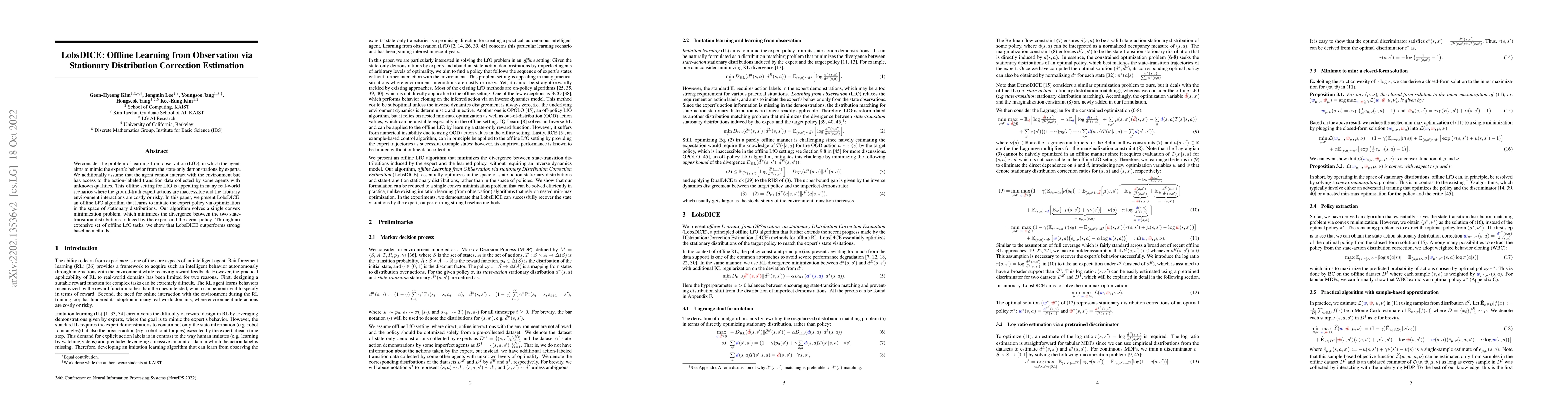 Thumbnail for LobsDICE: Offline Learning from Observation via Stationary Distribution
  Correction Estimation