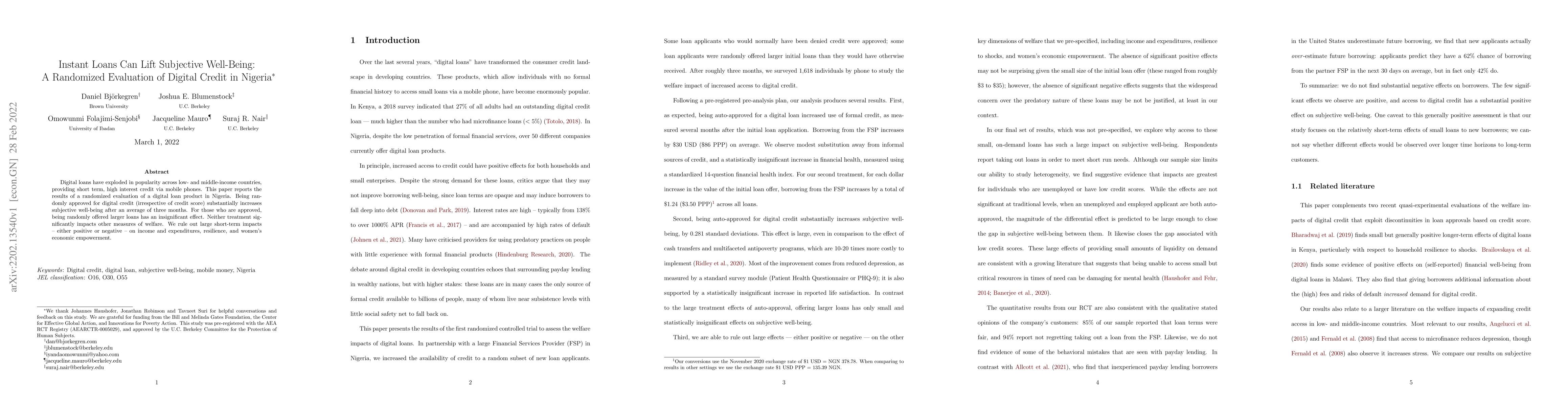 Thumbnail for Instant Loans Can Lift Subjective Well-Being: A Randomized Evaluation of
  Digital Credit in Nigeria