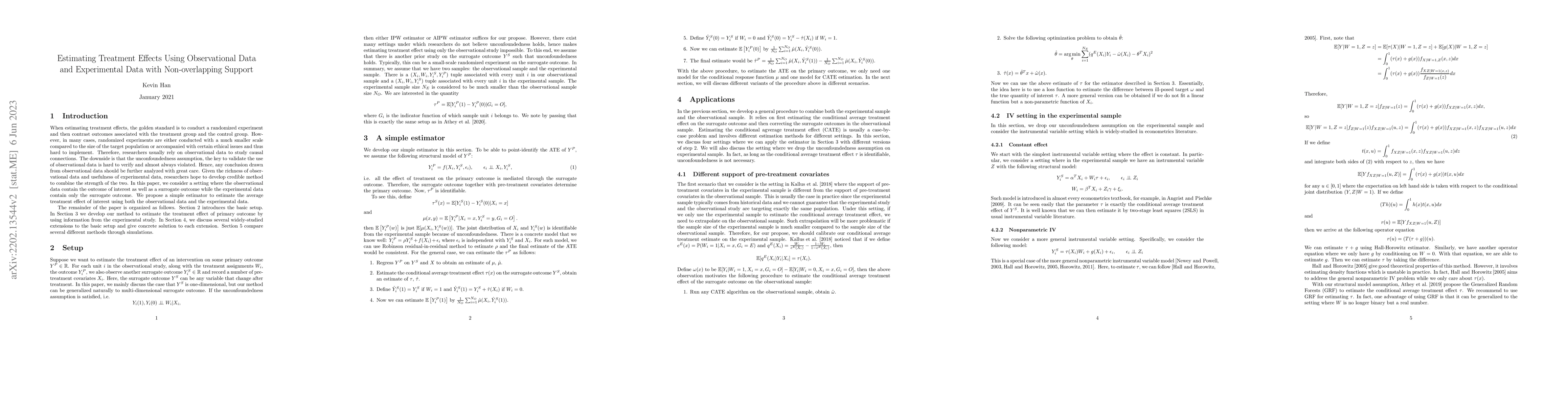 Thumbnail for Estimating Treatment Effects Using Observational Data and Experimental
  Data with Non-overlapping Support