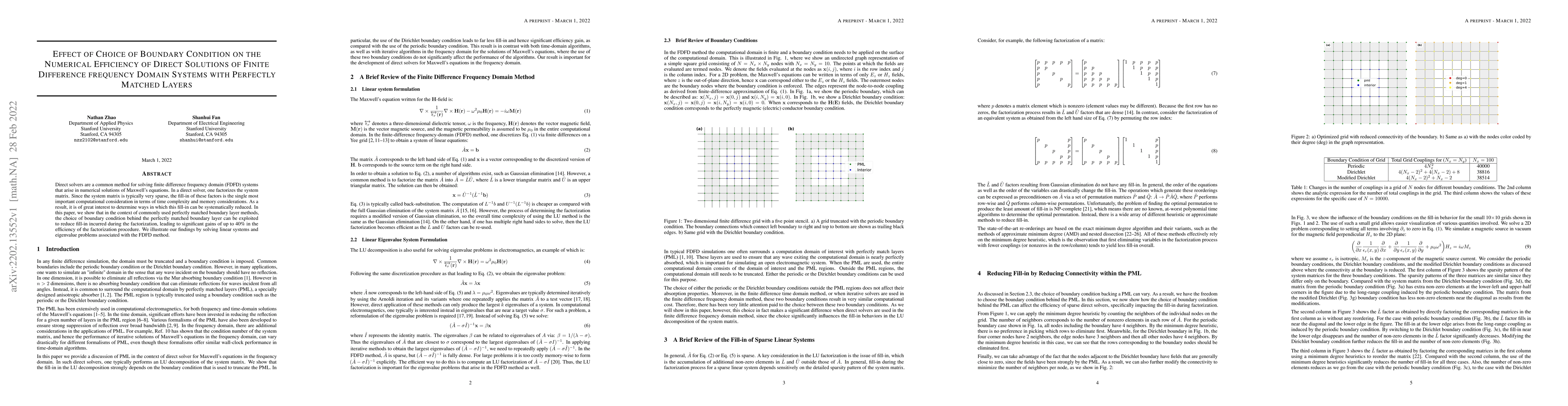 Thumbnail for Effect of Choices of Boundary Conditions on the Numerical Efficiency of
  Direct Solutions of Finite Difference frequency Domain Systems with Perfectly
  Matched Layers