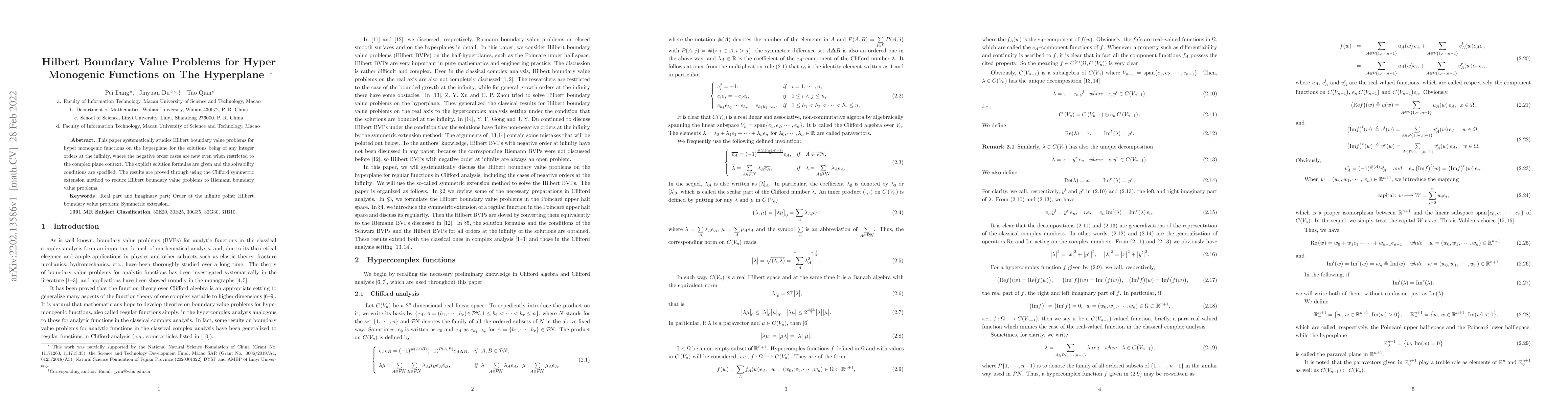 Thumbnail for Hilbert Boundary Value Problems for Hyper Monogenic Functions on The
  Hyperplane