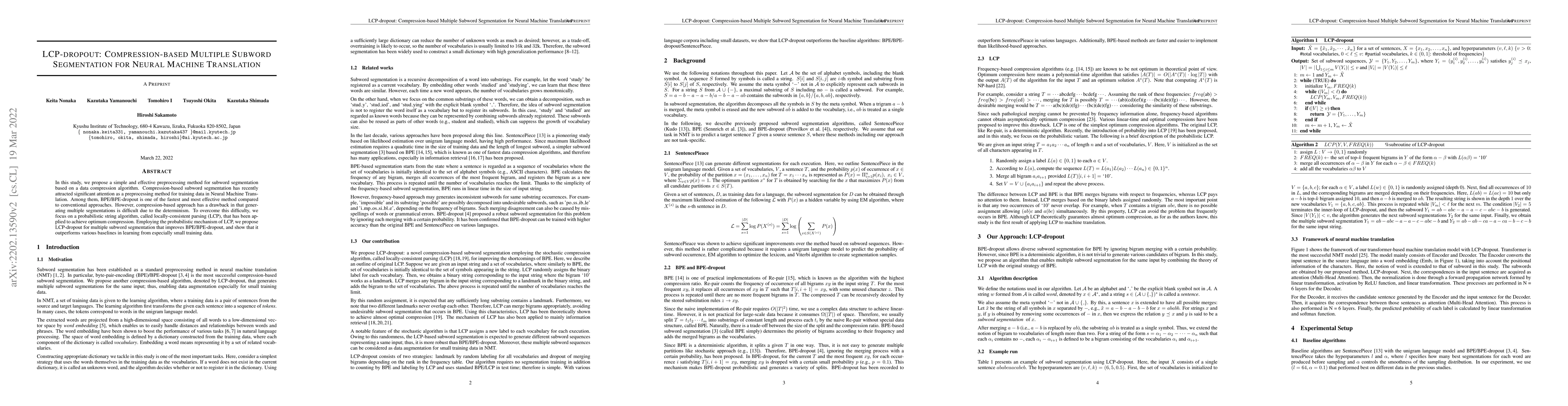Thumbnail for LCP-dropout: Compression-based Multiple Subword Segmentation for Neural
  Machine Translation