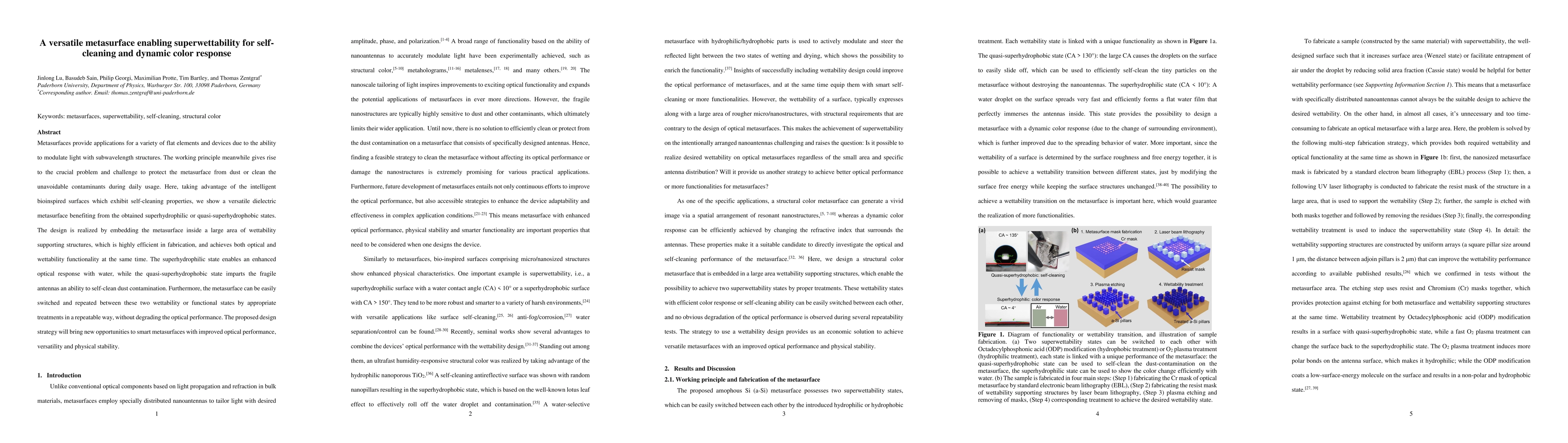Thumbnail for A versatile metasurface enabling superwettability for self-cleaning and
  dynamic color response
