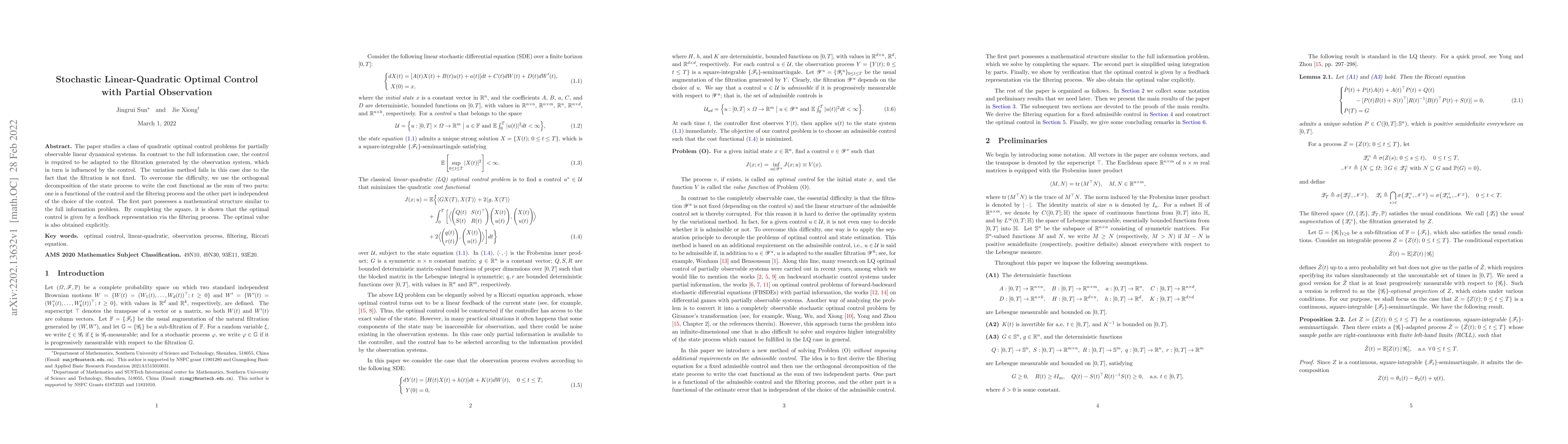 Thumbnail for Stochastic Linear-Quadratic Optimal Control with Partial Observation