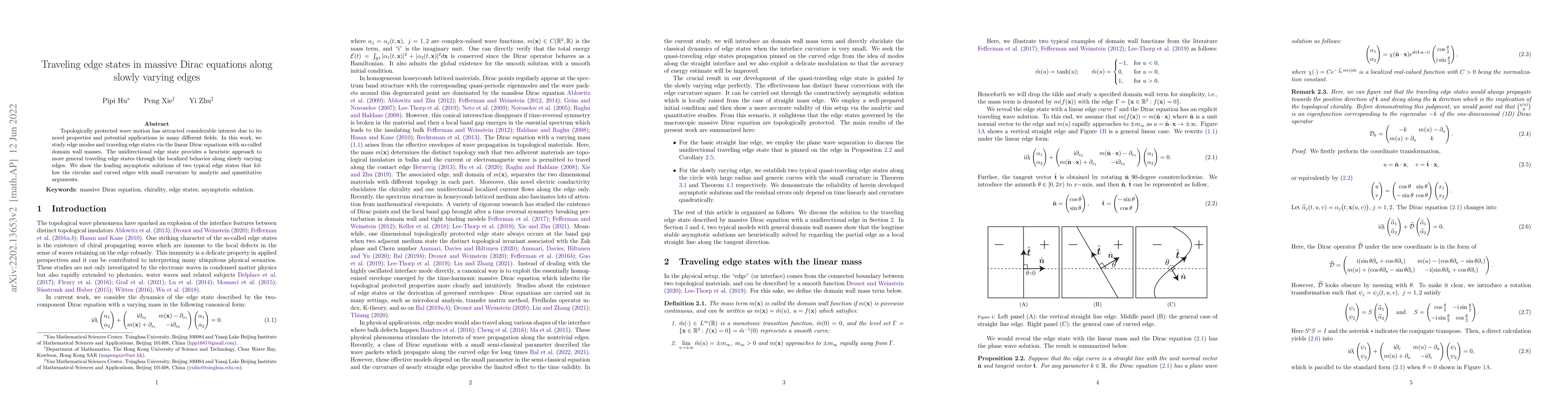 Thumbnail for Traveling edge states in massive Dirac equations along slowly varying
  edges