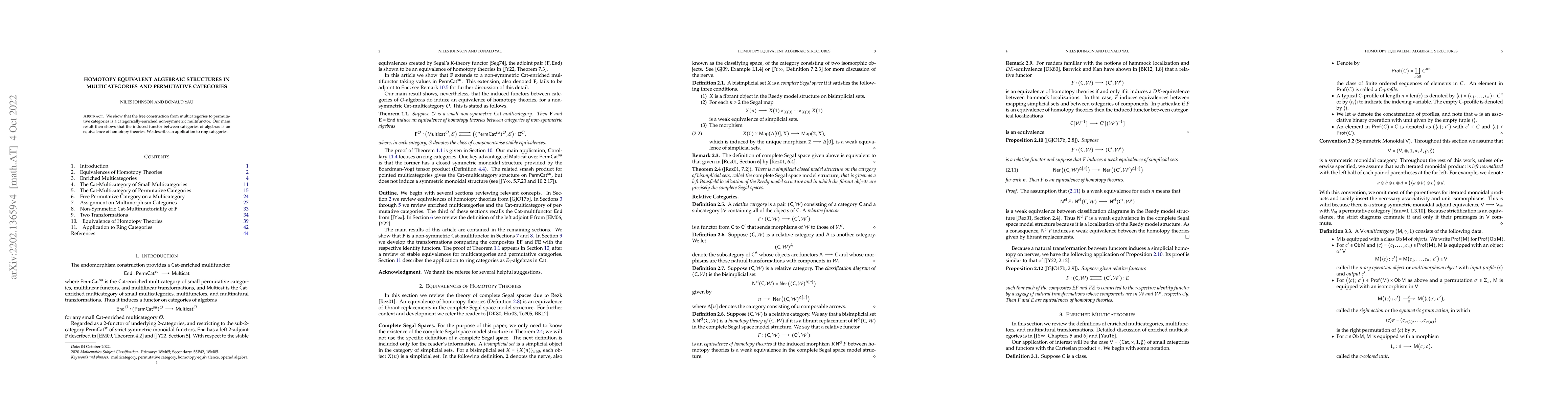 Thumbnail for Homotopy Equivalent Algebraic Structures in Multicategories and
  Permutative Categories