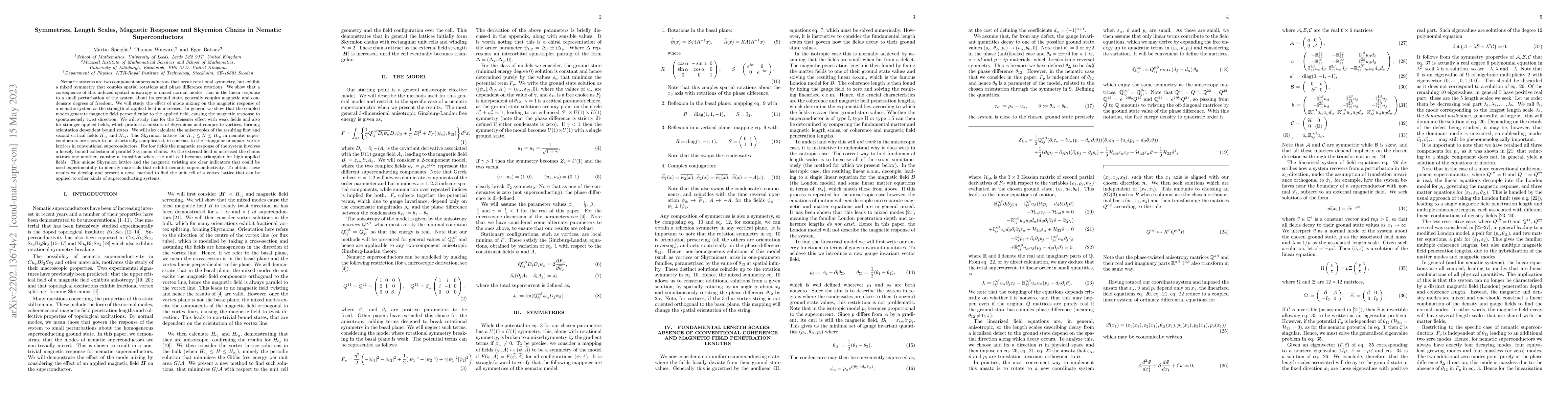 Thumbnail for Symmetries, Length Scales, Magnetic Response and Skyrmion Chains in
  Nematic Superconductors