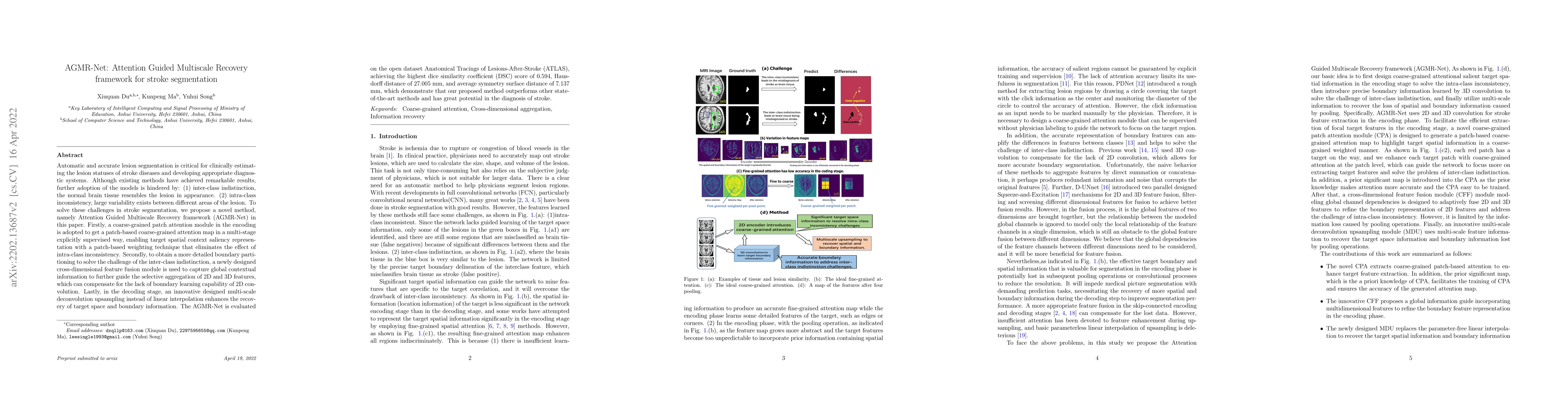 Thumbnail for AGMR-Net: Attention Guided Multiscale Recovery framework for stroke
  segmentation