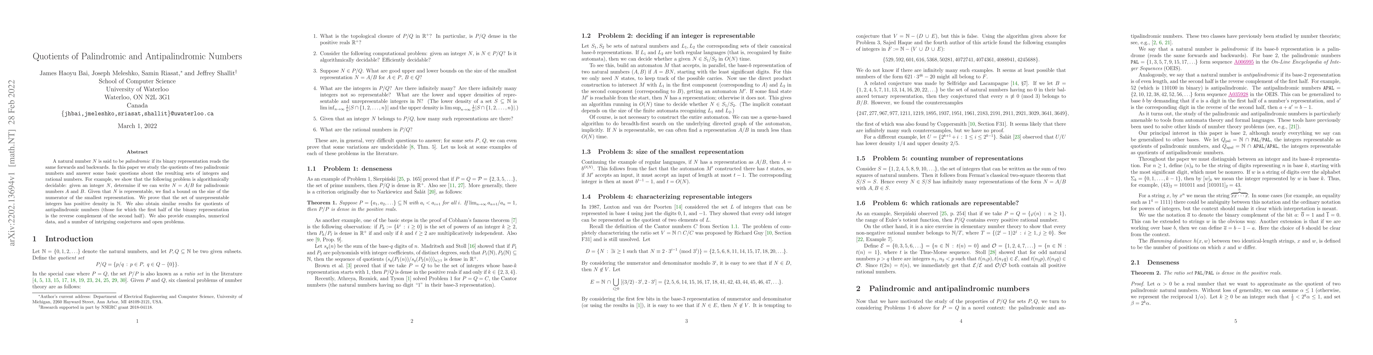 Thumbnail for Quotients of Palindromic and Antipalindromic Numbers