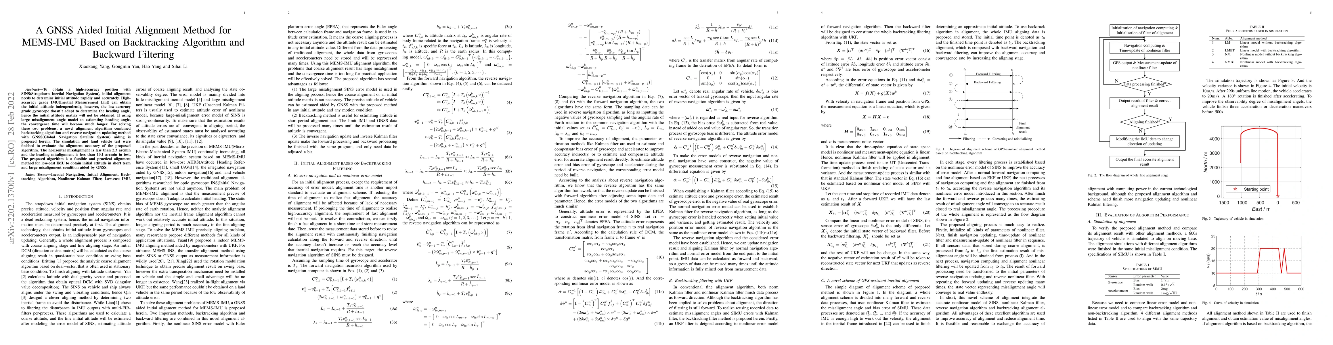 Thumbnail for A GNSS Aided Initial Alignment Method for MEMS-IMU Based on Backtracking
  Algorithm and Backward Filtering