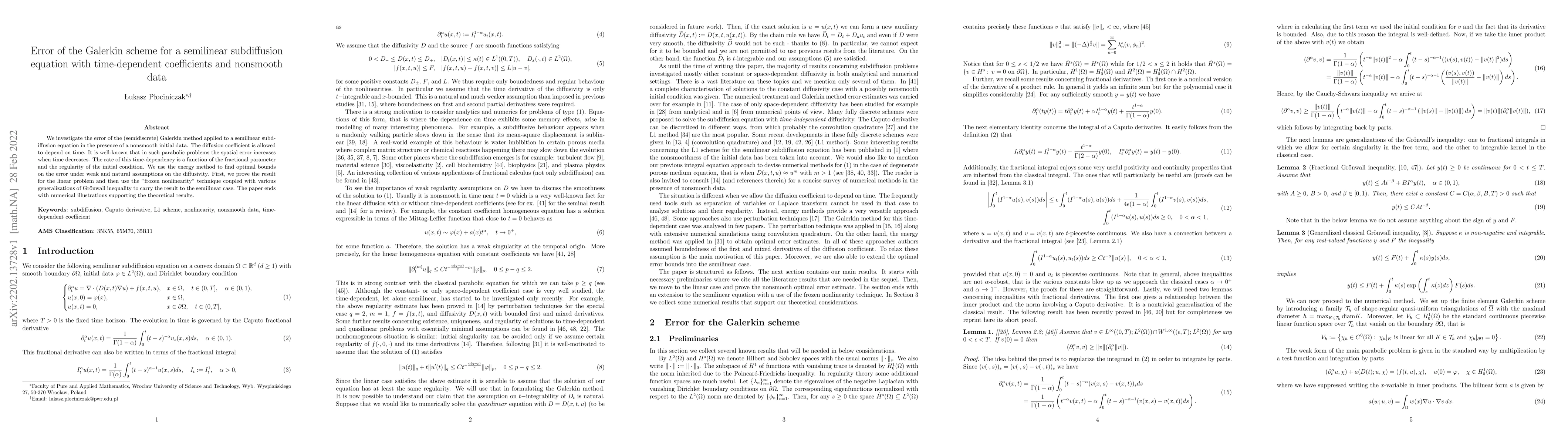 Thumbnail for Error of the Galerkin scheme for a semilinear subdiffusion equation with
  time-dependent coefficients and nonsmooth data