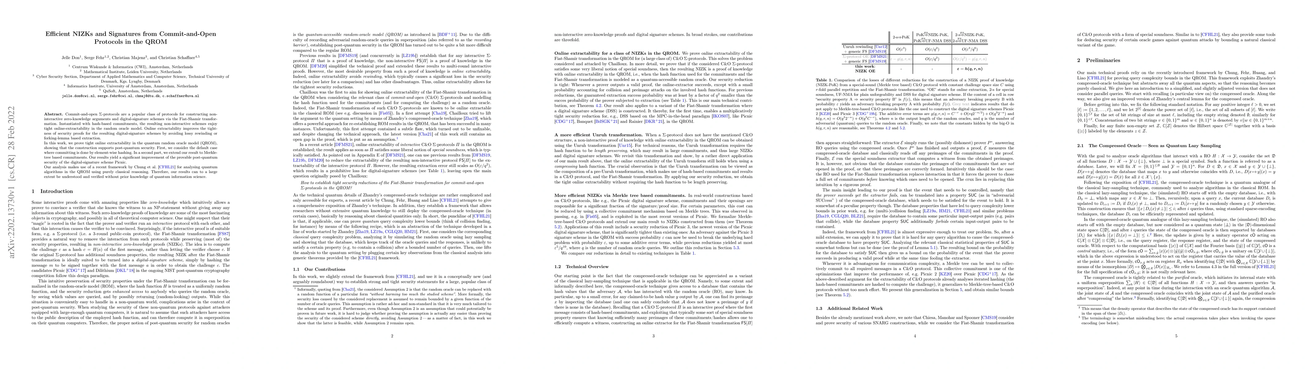 Thumbnail for Efficient NIZKs and Signatures from Commit-and-Open Protocols in the
  QROM