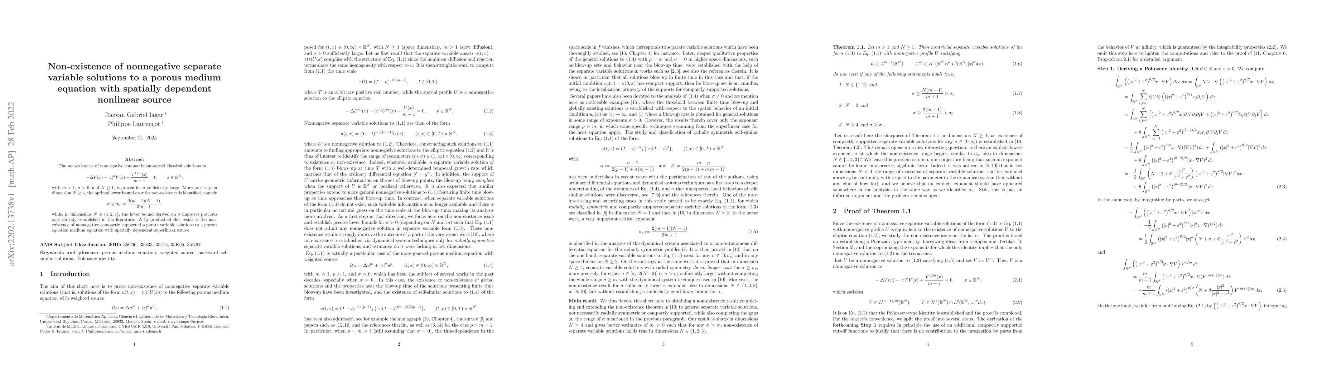 Thumbnail for Non-existence of nonnegative separate variable solutions to a porous
  medium equation with spatially dependent nonlinear source