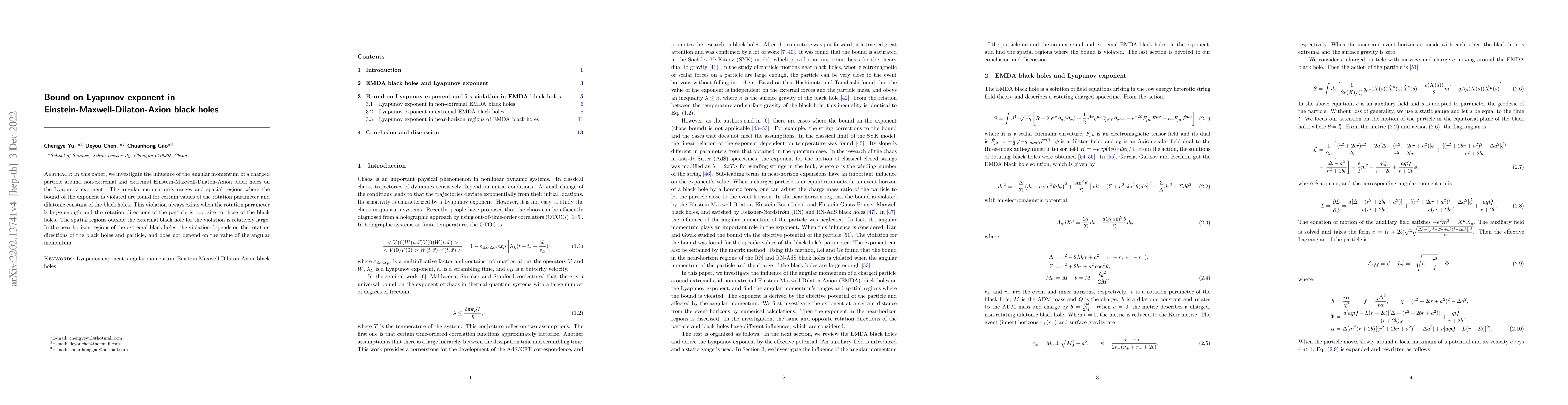 Thumbnail for Bound on Lyapunov exponent in Einstein-Maxwell-Dilaton-Axion black holes