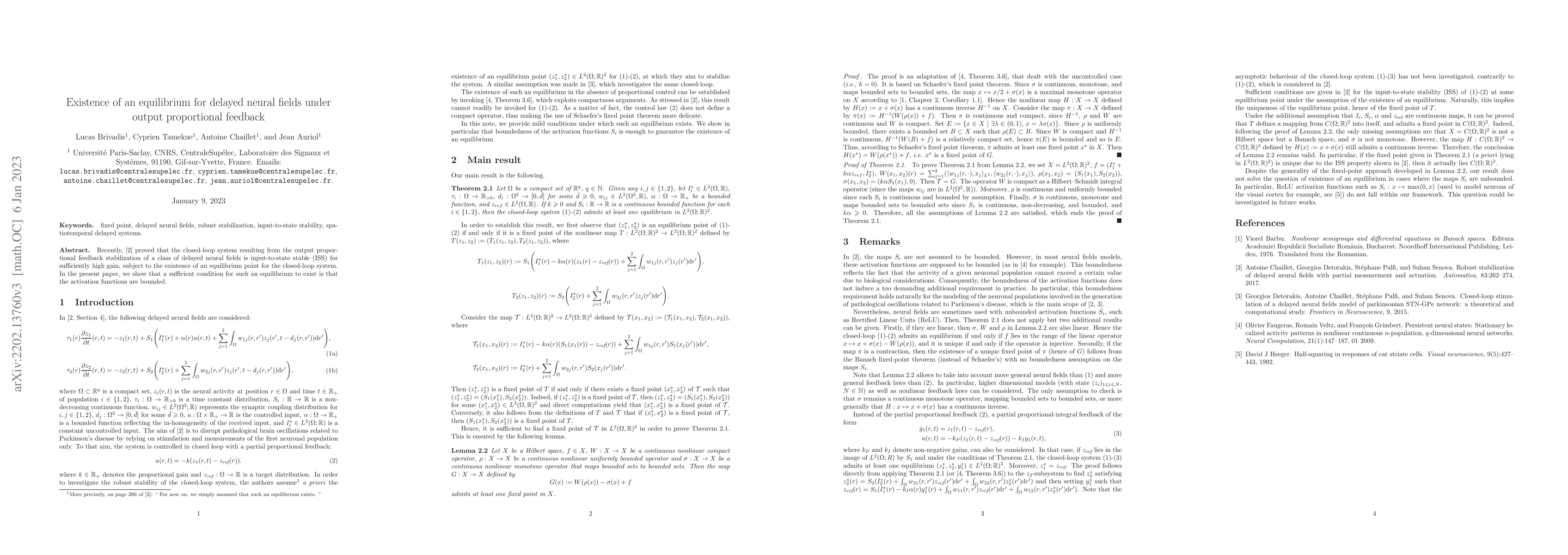 Thumbnail for Existence of an equilibrium for delayed neural fields under output
  proportional feedback