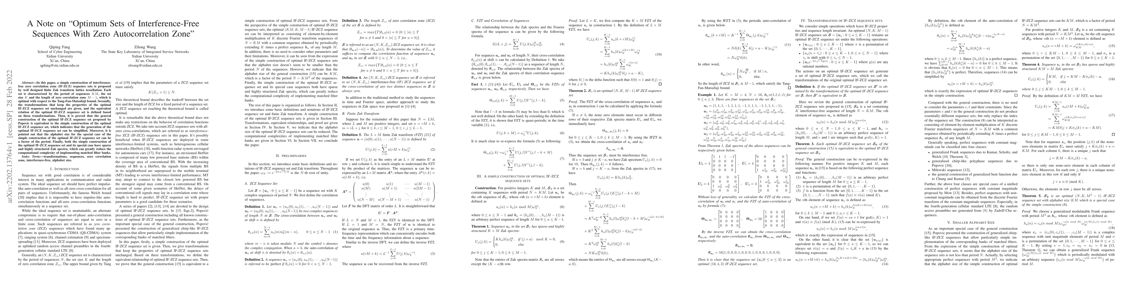 Thumbnail for A Note on "Optimum Sets of Interference-Free Sequences With Zero
  Autocorrelation Zone"