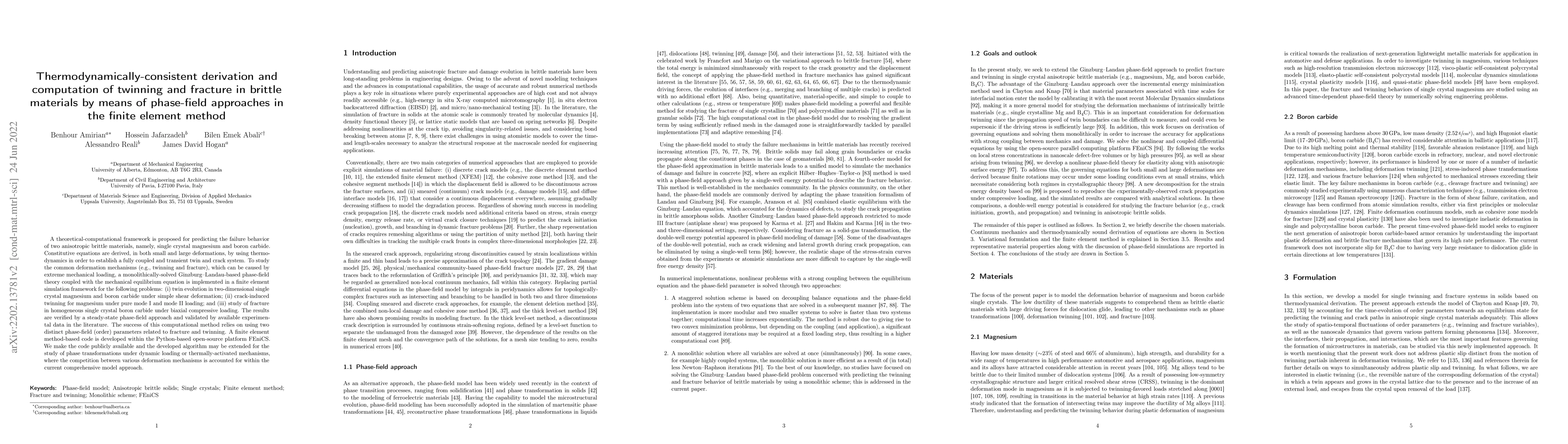 Thumbnail for Thermodynamically-consistent derivation and computation of twinning and
  fracture in brittle materials by means of phase-field approaches in the
  finite element method