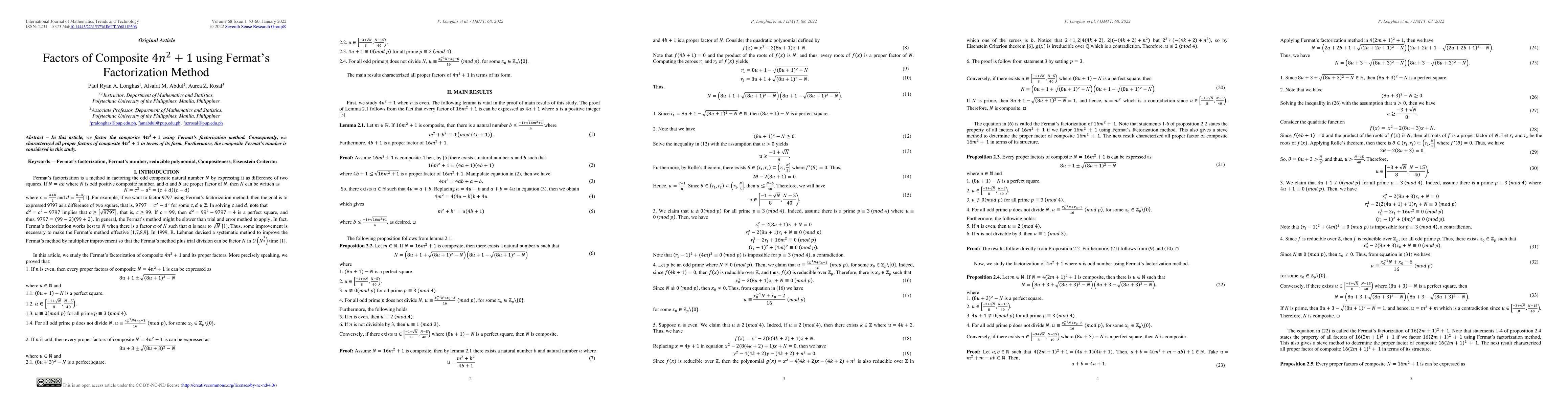 Thumbnail for Factors of composite $4n^2 +1$ using Fermat's factorization method