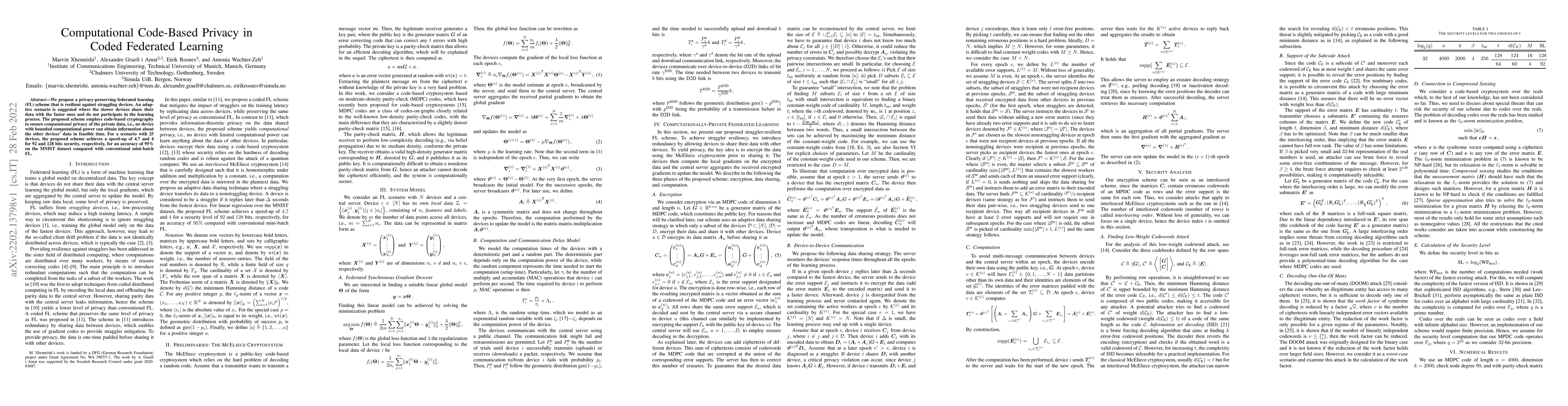 Thumbnail for Computational Code-Based Privacy in Coded Federated Learning