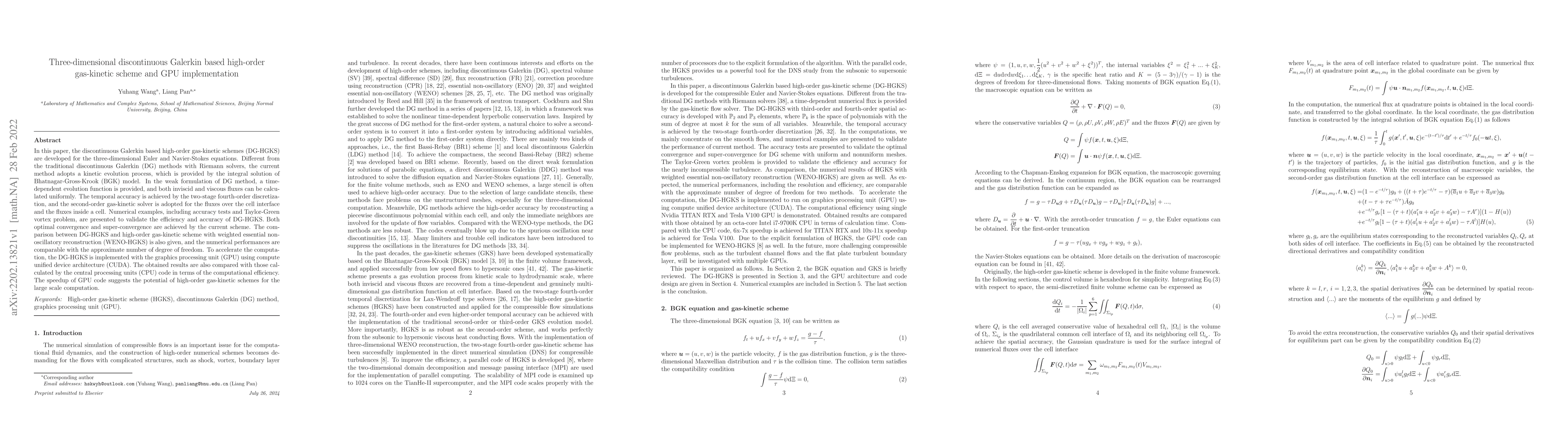 Thumbnail for Three-dimensional discontinuous Galerkin based high-order gas-kinetic
  scheme and GPU implementation