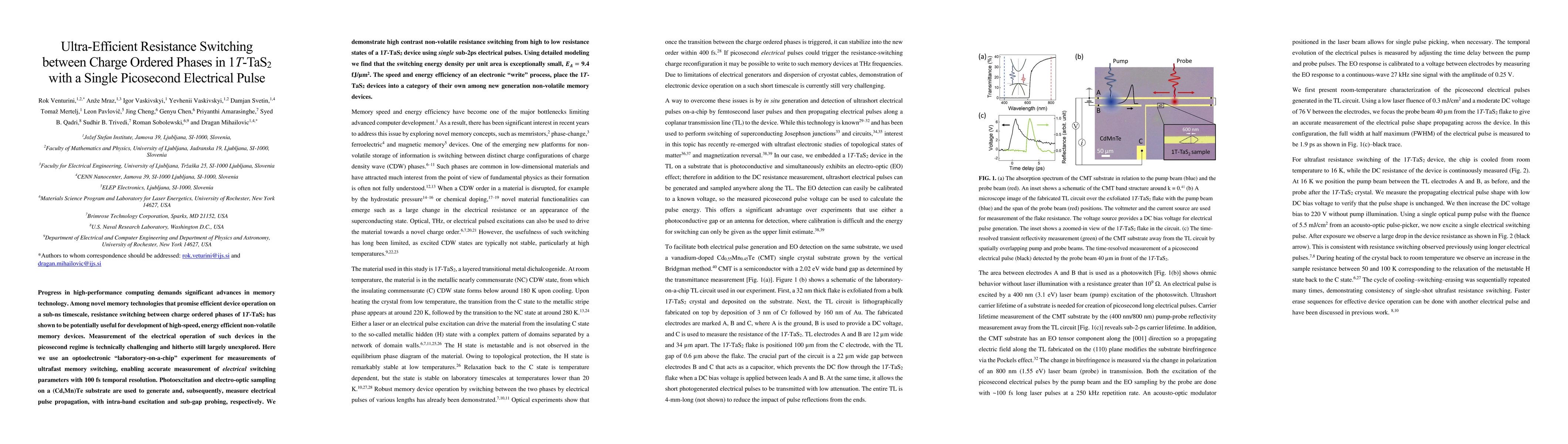Thumbnail for Ultra-Efficient Resistance Switching between Charge Ordered Phases in
  1T-TaS$_2$ with a Single Picosecond Electrical Pulse