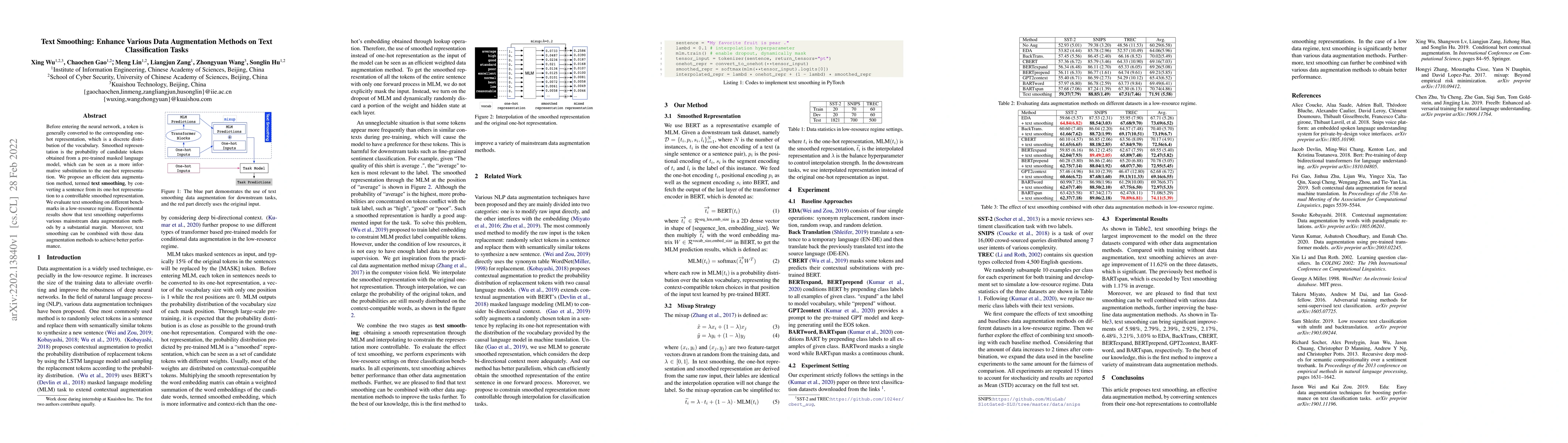 Thumbnail for Text Smoothing: Enhance Various Data Augmentation Methods on Text
  Classification Tasks