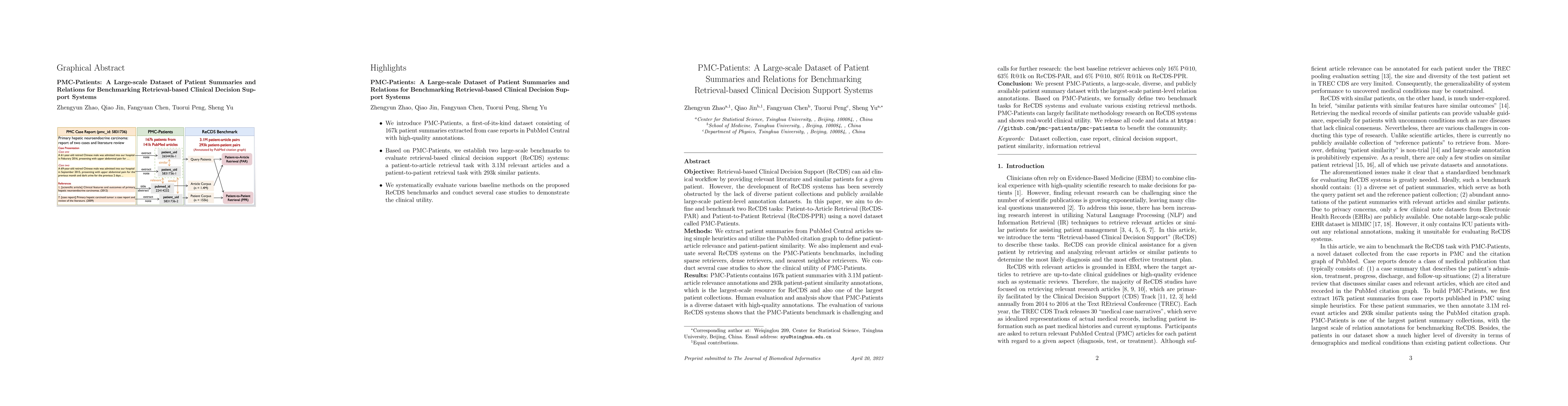 Thumbnail for PMC-Patients: A Large-scale Dataset of Patient Summaries and Relations
  for Benchmarking Retrieval-based Clinical Decision Support Systems