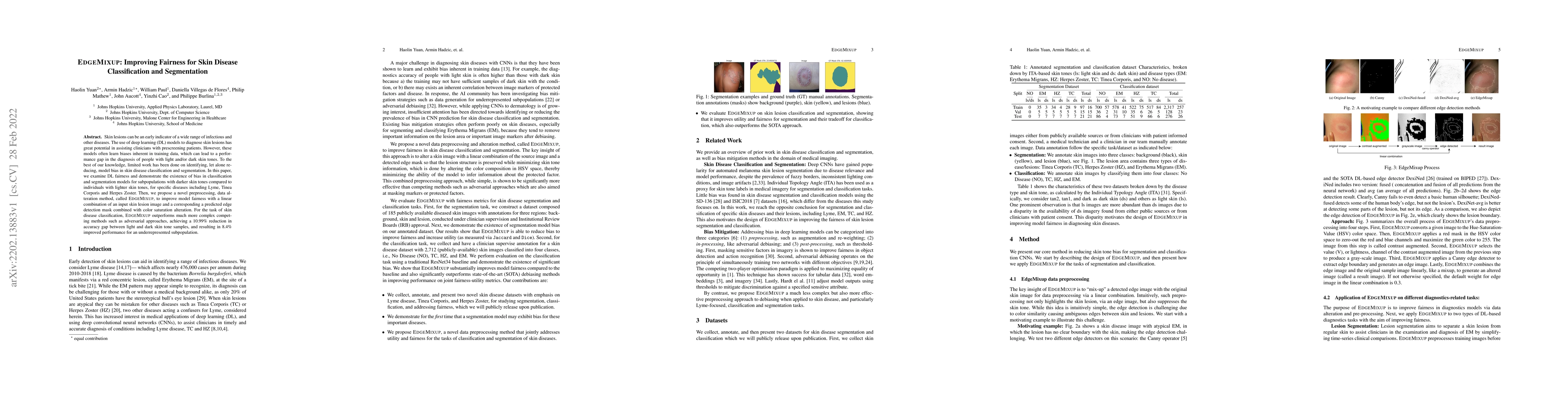 Thumbnail for EdgeMixup: Improving Fairness for Skin Disease Classification and
  Segmentation
