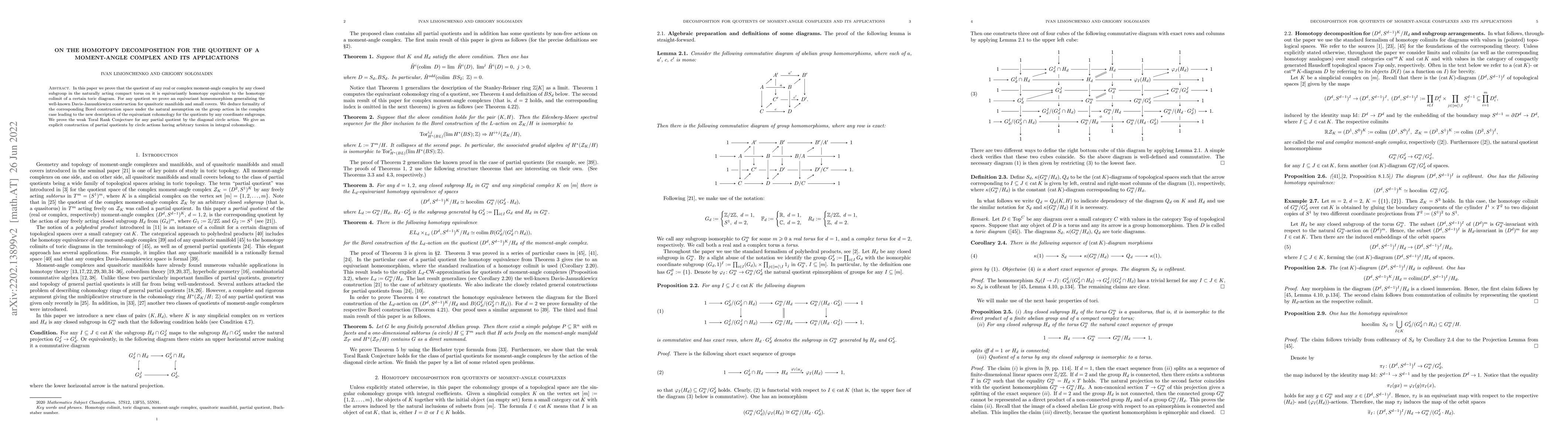 Thumbnail for On the homotopy decomposition for the quotient of a moment-angle complex
  and its applications