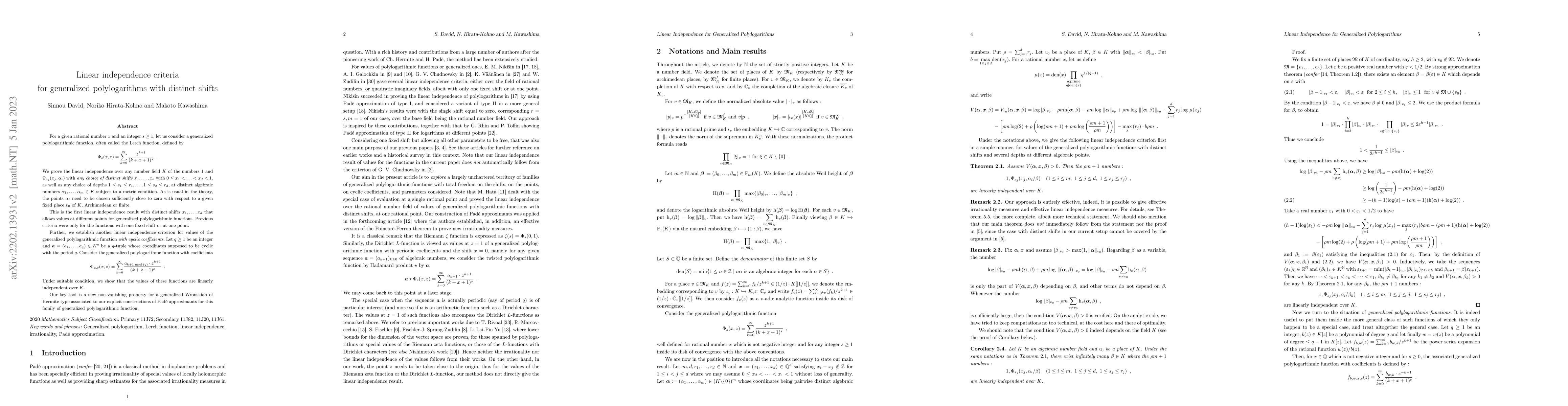 Thumbnail for Linear independence criteria for generalized polylogarithms with
  distinct shifts