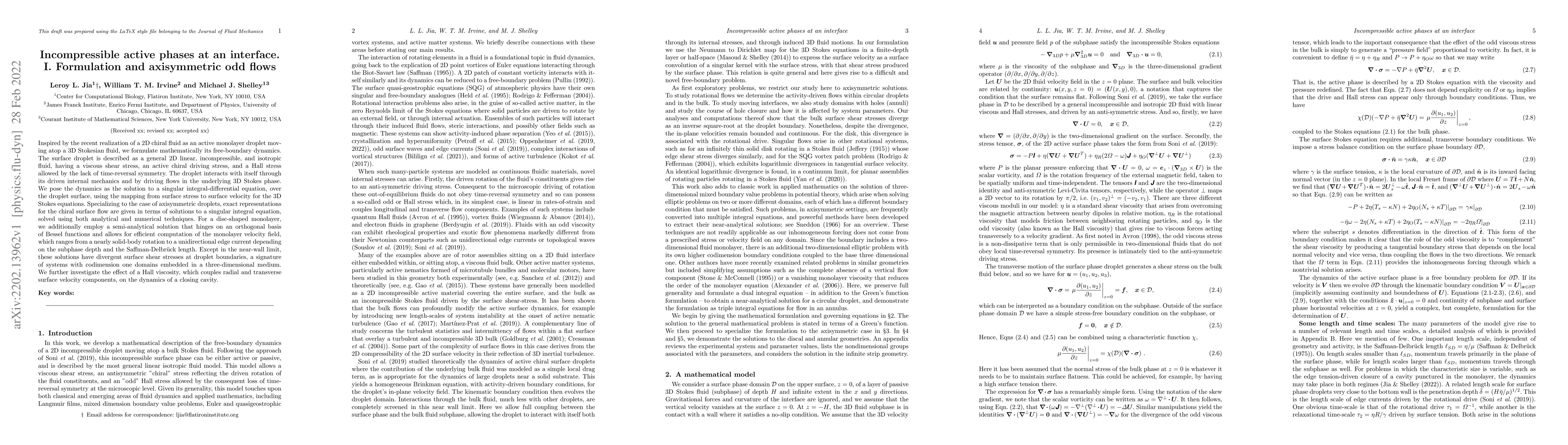 Thumbnail for Incompressible active phases at an interface. I. Formulation and
  axisymmetric odd flows
