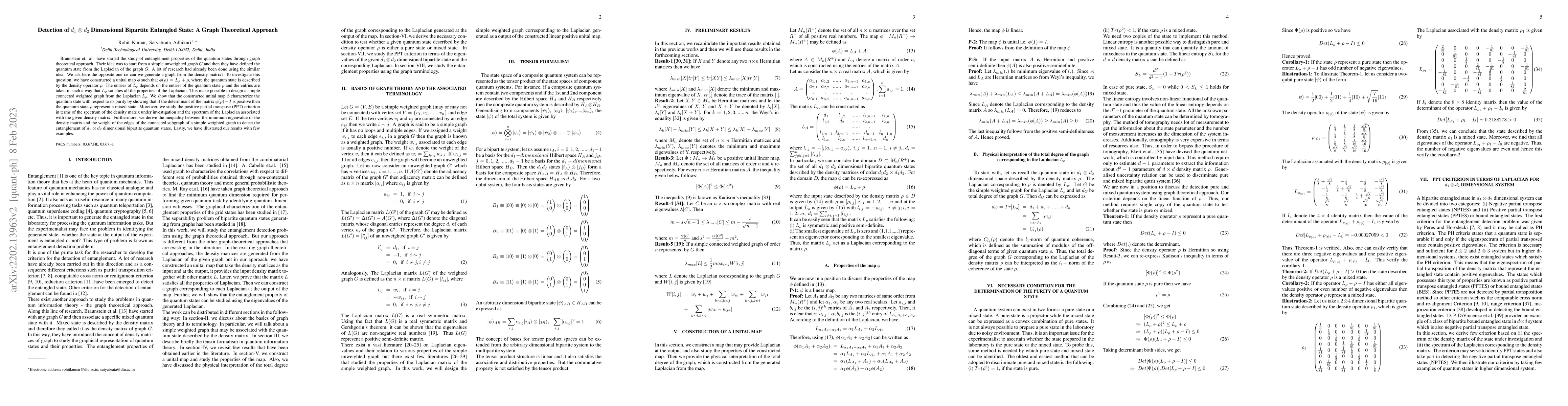 Thumbnail for Detection of $d_{1}\otimes d_{2}$ Dimensional Bipartite Entangled State:
  A Graph Theoretical Approach