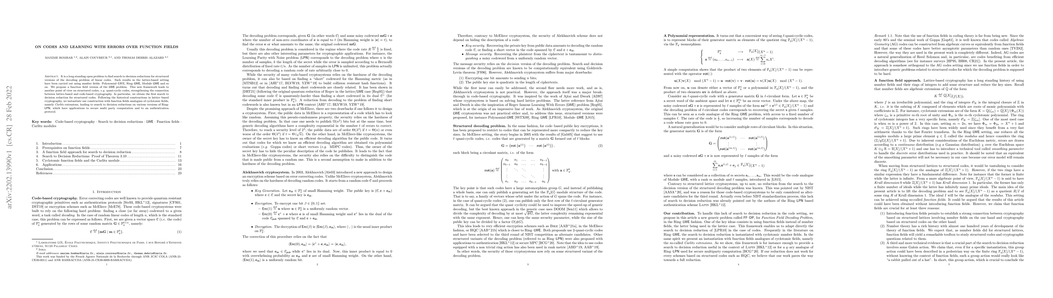 Thumbnail for On Codes and Learning With Errors over Function Fields