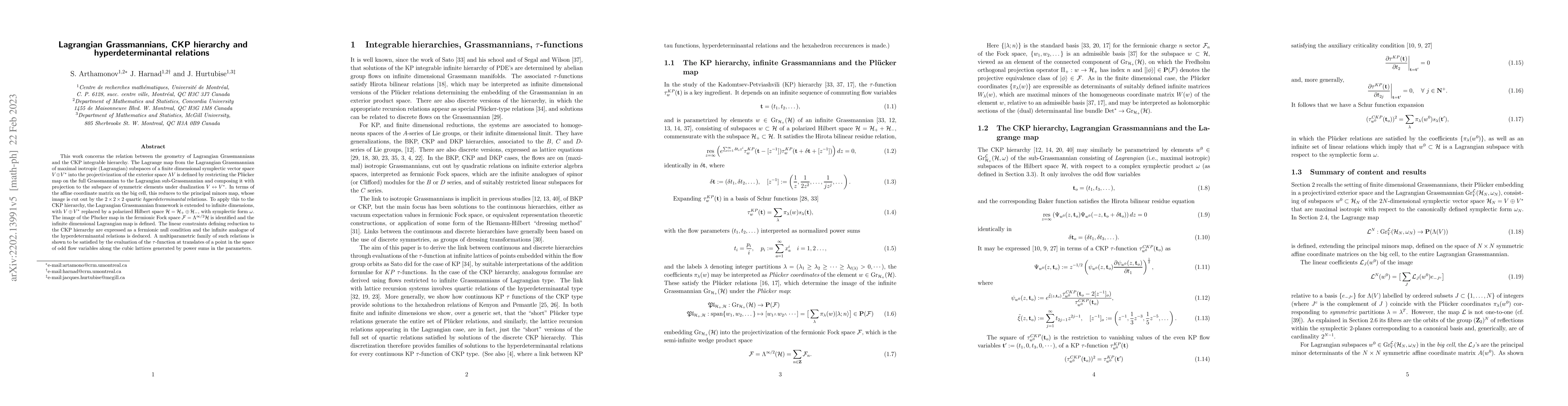 Thumbnail for Lagrangian Grassmannians, CKP hierarchy and hyperdeterminantal relations