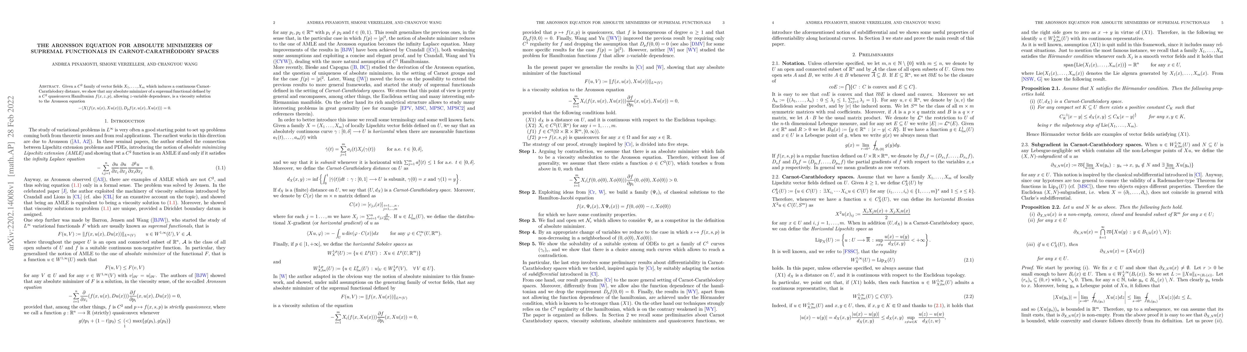 Thumbnail for The Aronsson Equation for Absolute Minimizers of Supremal Functionals in
  Carnot-Carath\'eodory Spaces